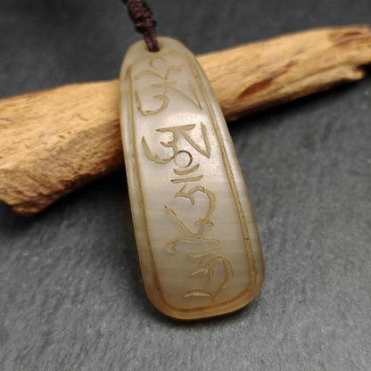 Unique Yak Horn Carved Tibetan Amulet - Tibetan Letter Body, Speech, and Mind - Protective Charm - 46×18mm