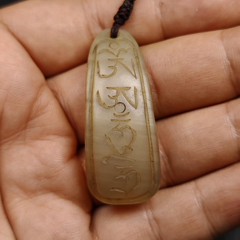 Unique Yak Horn Carved Tibetan Amulet - Tibetan Letter Body, Speech, and Mind - Protective Charm - 46×18mm