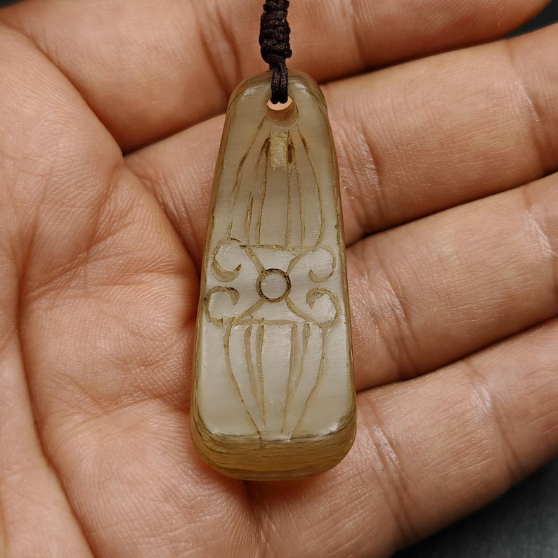 Unique Yak Horn Carved Tibetan Amulet - Tibetan Letter Body, Speech, and Mind - Protective Charm - 46×18mm