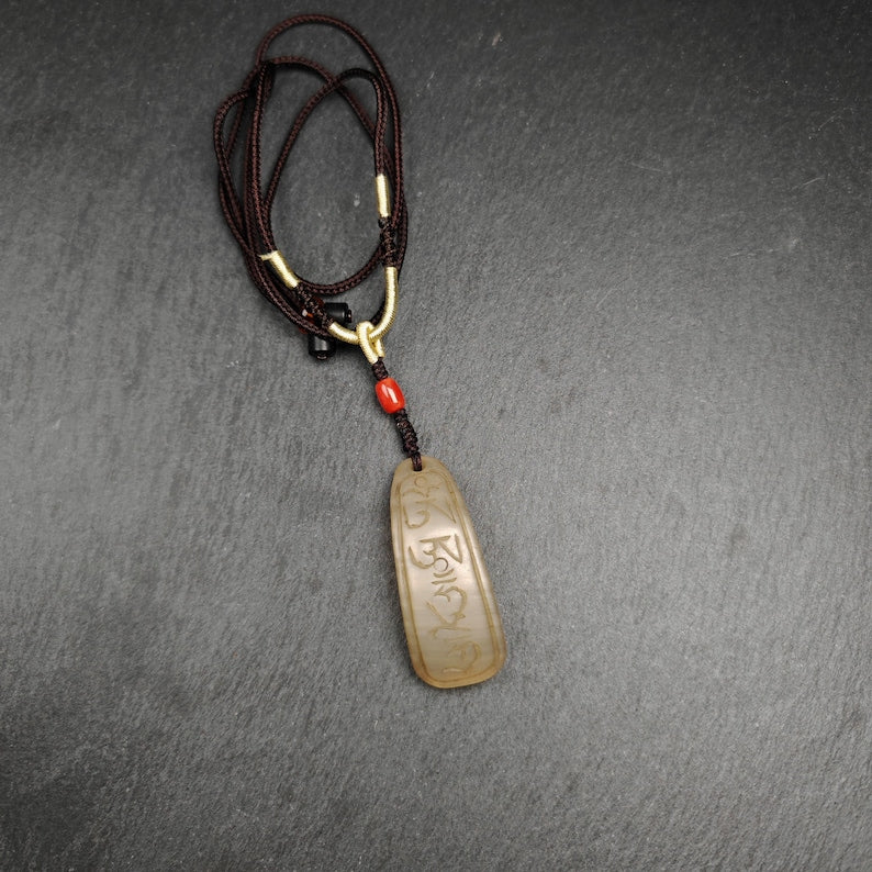 Unique Yak Horn Carved Tibetan Amulet - Tibetan Letter Body, Speech, and Mind - Protective Charm - 46×18mm