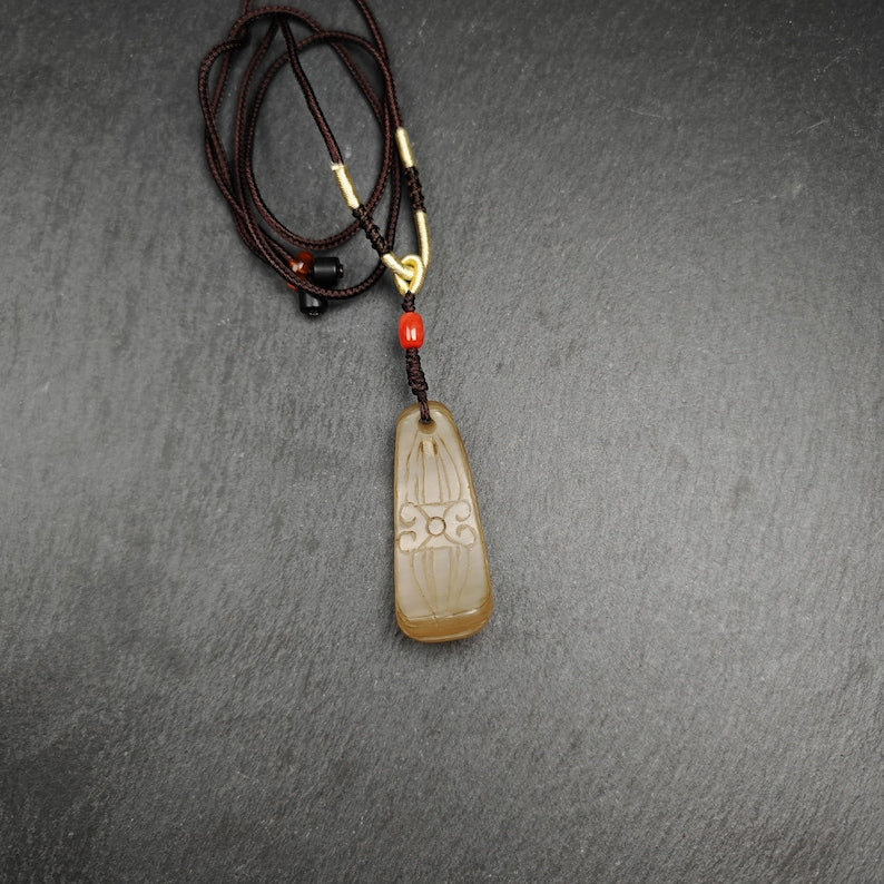 Unique Yak Horn Carved Tibetan Amulet - Tibetan Letter Body, Speech, and Mind - Protective Charm - 46×18mm