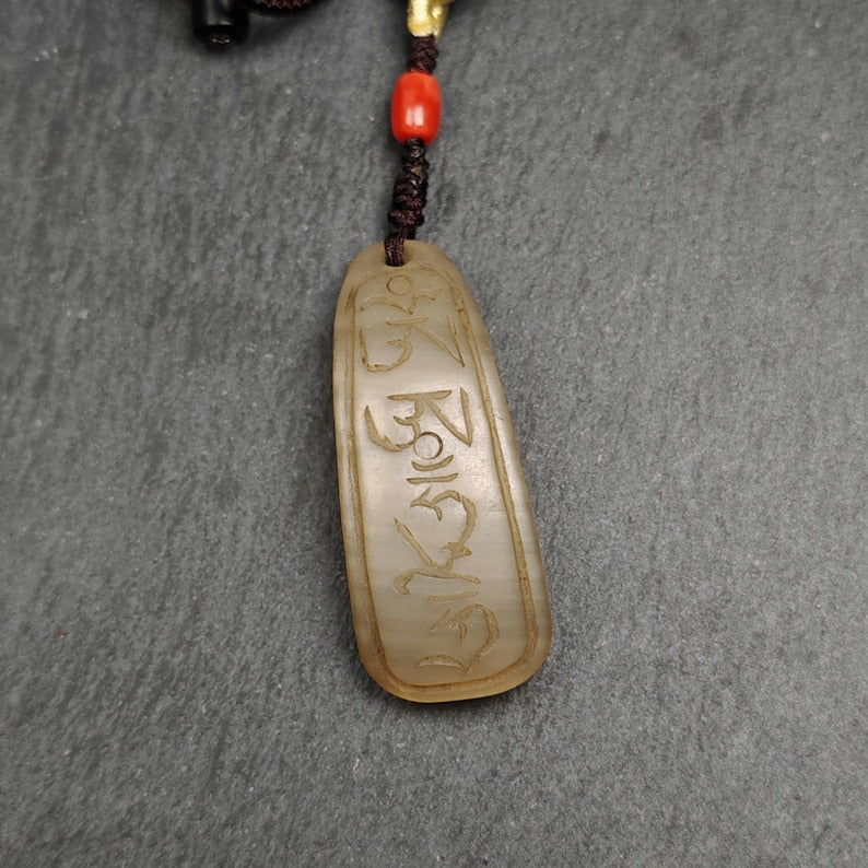 Unique Yak Horn Carved Tibetan Amulet - Tibetan Letter Body, Speech, and Mind - Protective Charm - 46×18mm