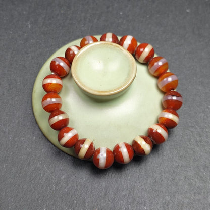 Unqiue Red Medicine Buddha Dzi Wrist Mala - Tibetan Agate Bracelet - Decades Old