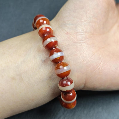 Unqiue Red Medicine Buddha Dzi Wrist Mala - Tibetan Agate Bracelet - Decades Old
