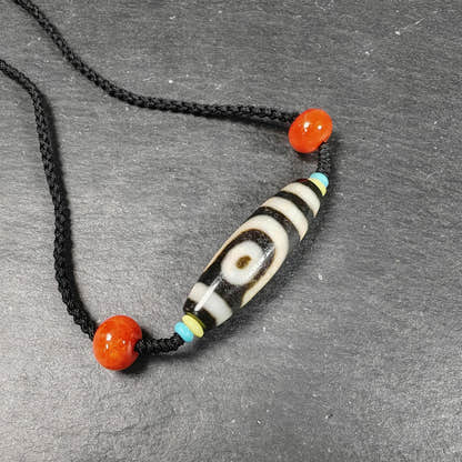 Vintage 2 Eyes Dzi Bead Necklace - Tibetan Buddhist bead necklace, front view