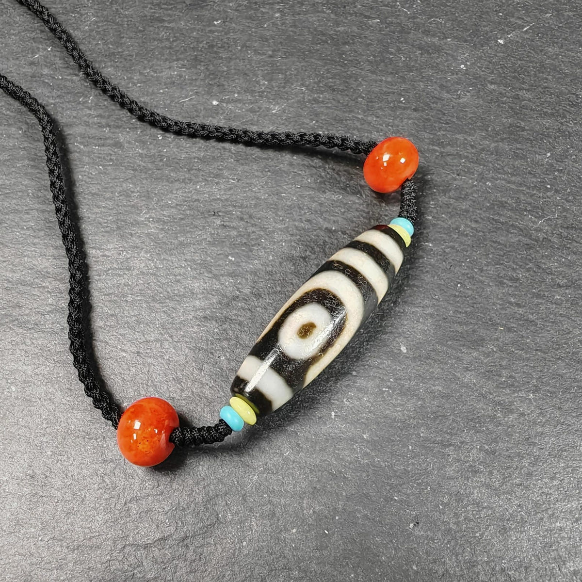 Vintage 2 Eyes Dzi Bead Necklace - Tibetan Buddhist bead necklace, front view