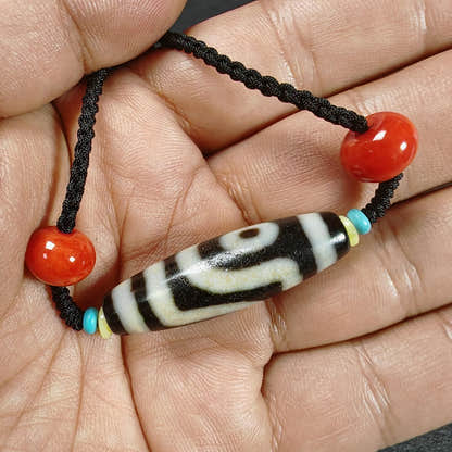 Vintage 2 Eyes Dzi Bead Necklace - Tibetan Buddhist bead necklace, detailed view