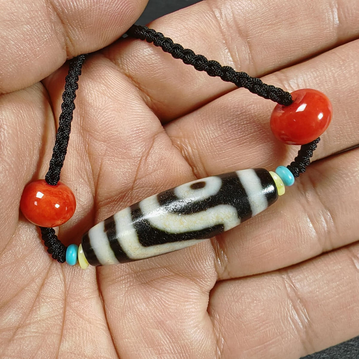 Vintage 2 Eyes Dzi Bead Necklace - Tibetan Buddhist bead necklace, detailed view