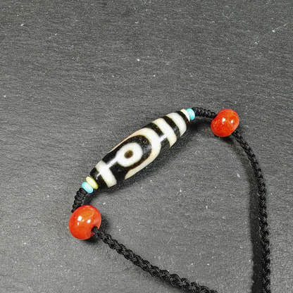 Vintage 2 Eyes Dzi Bead Necklace - Tibetan Buddhist bead necklace, close-up detail