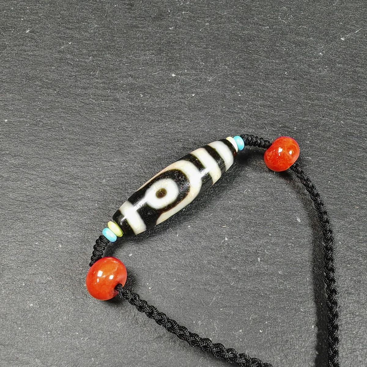 Vintage 2 Eyes Dzi Bead Necklace - Tibetan Buddhist bead necklace, close-up detail