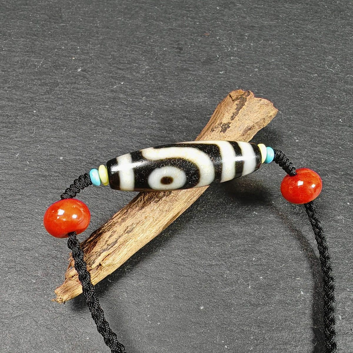 Vintage 2 Eyes Dzi Bead Necklace - Tibetan Buddhist bead necklace, view 5