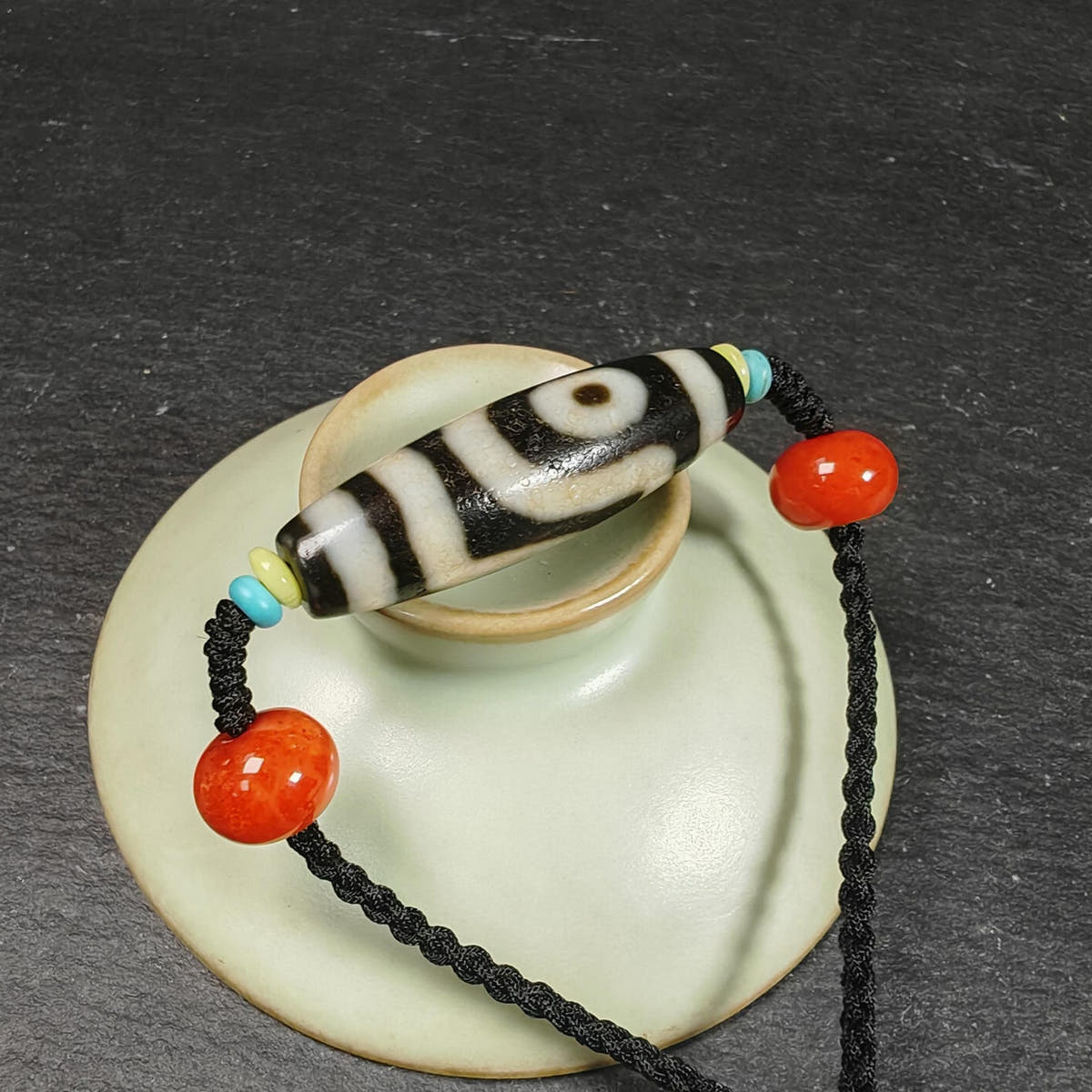 Vintage 2 Eyes Dzi Bead Necklace - Tibetan Buddhist bead necklace, view 8