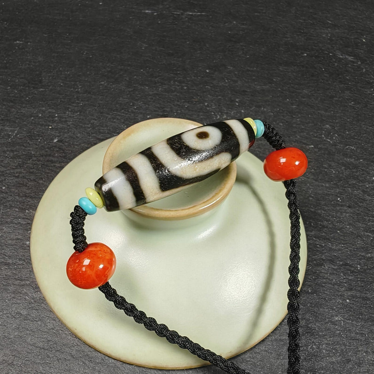 Vintage 2 Eyes Dzi Bead Necklace - Tibetan Buddhist bead necklace, view 8