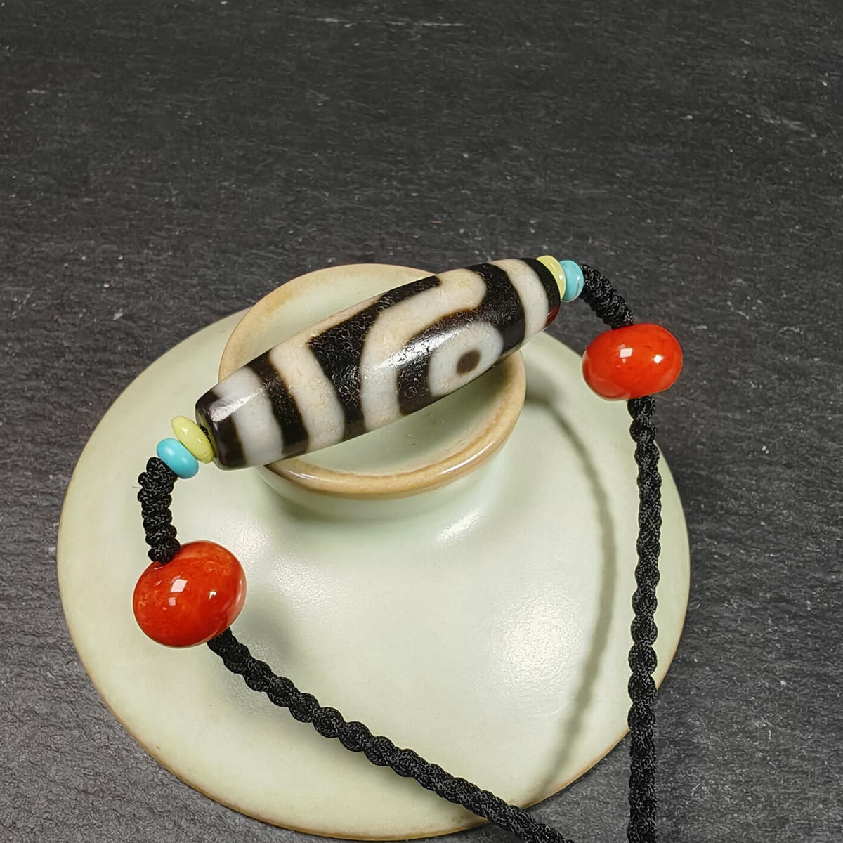 Vintage 2 Eyes Dzi Bead Necklace - Tibetan Buddhist bead necklace, view 9