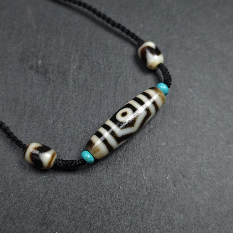 Vintage 3 Eyes Dzi Bead Necklace | Tibetan Jewelry | Protection Charm for Happy and Harmonious | Spiritual Gift | 41*12mm