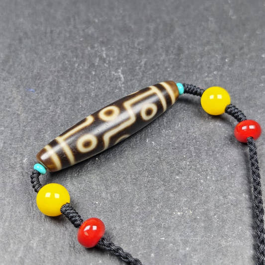 Vintage 9 Eyes Dzi Bead Necklace - Tibetan Buddhist bead necklace, front view