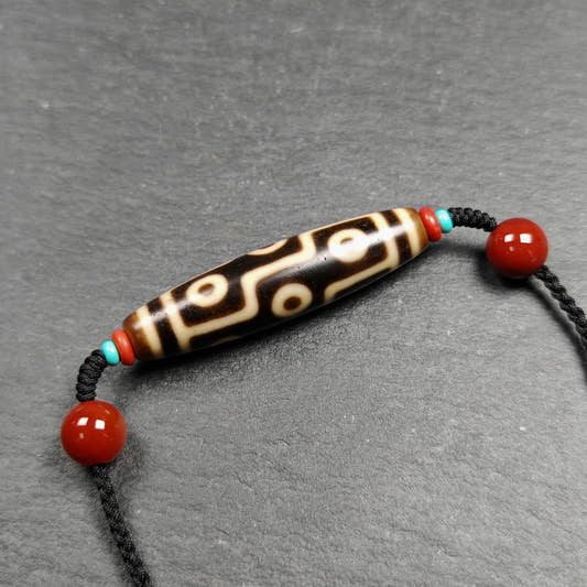 Vintage 9 Eyes Dzi Bead Necklace 53*13mm - Tibetan Buddhist bead necklace, front view