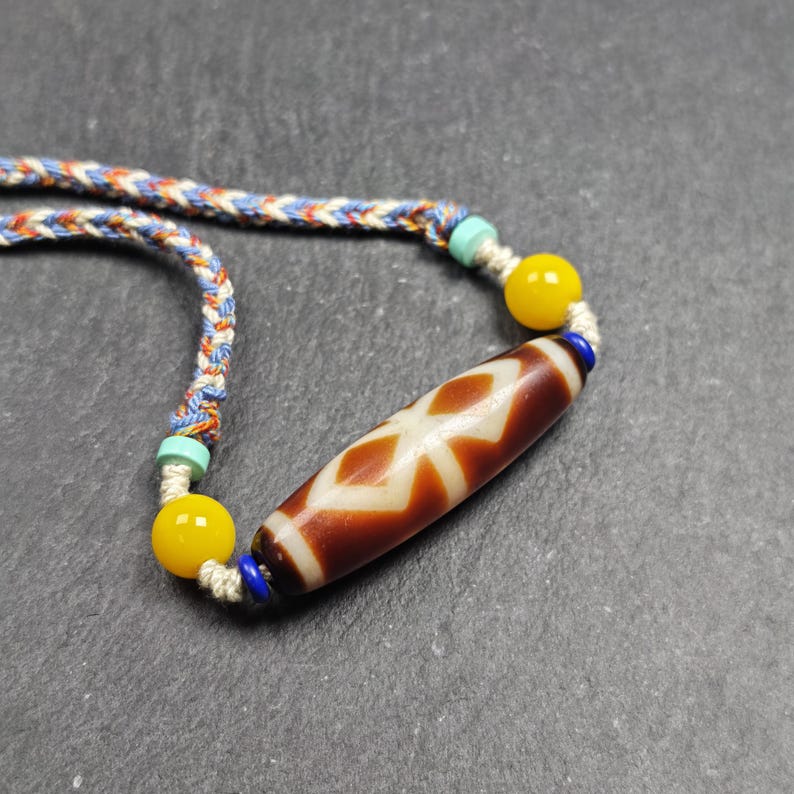 Vintage Fire Agate Dzi Necklace | Tibetan Dzi Protective Charm | Spiritual Gift | 48*13mm