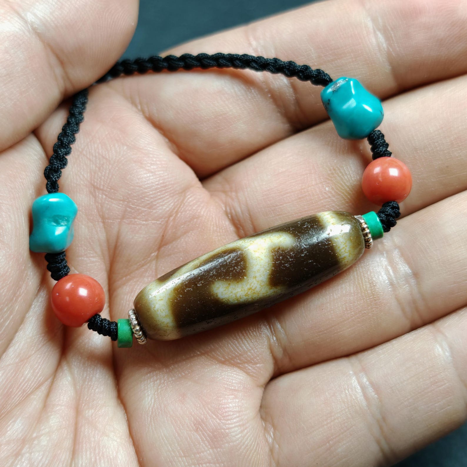 Vintage Green Tara Dzi Bead Necklace | Tibetan Jewelry | Protection Charm for Success and Prosperity | Spiritual Gift | 35*11mm