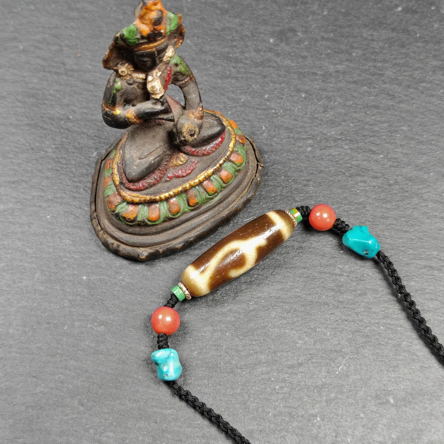 Vintage Green Tara Dzi Bead Necklace | Tibetan Jewelry | Protection Charm for Success and Prosperity | Spiritual Gift | 35*11mm
