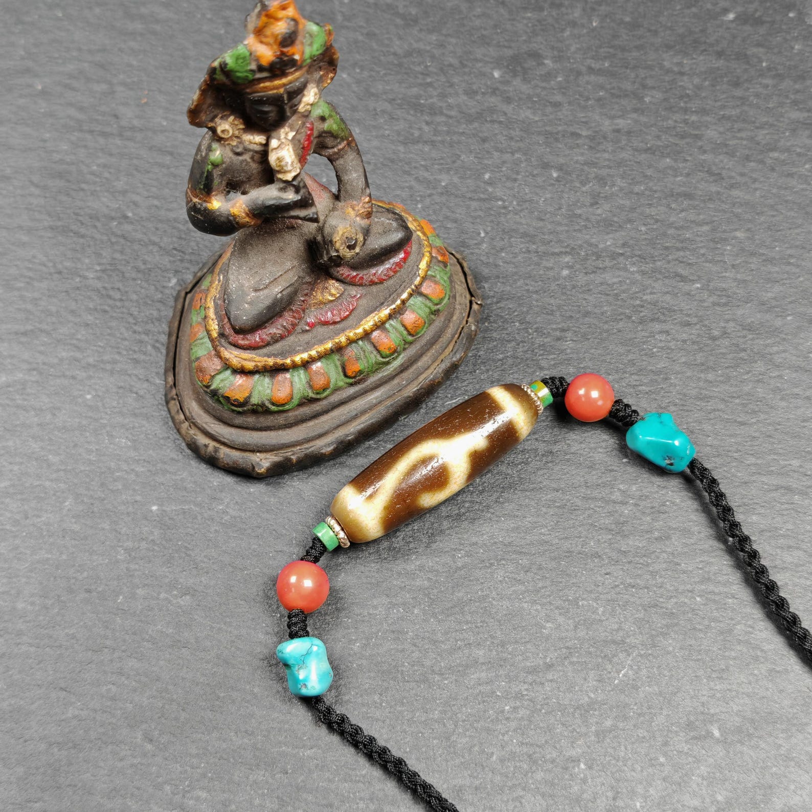 Vintage Green Tara Dzi Bead Necklace | Tibetan Jewelry | Protection Charm for Success and Prosperity | Spiritual Gift | 35*11mm