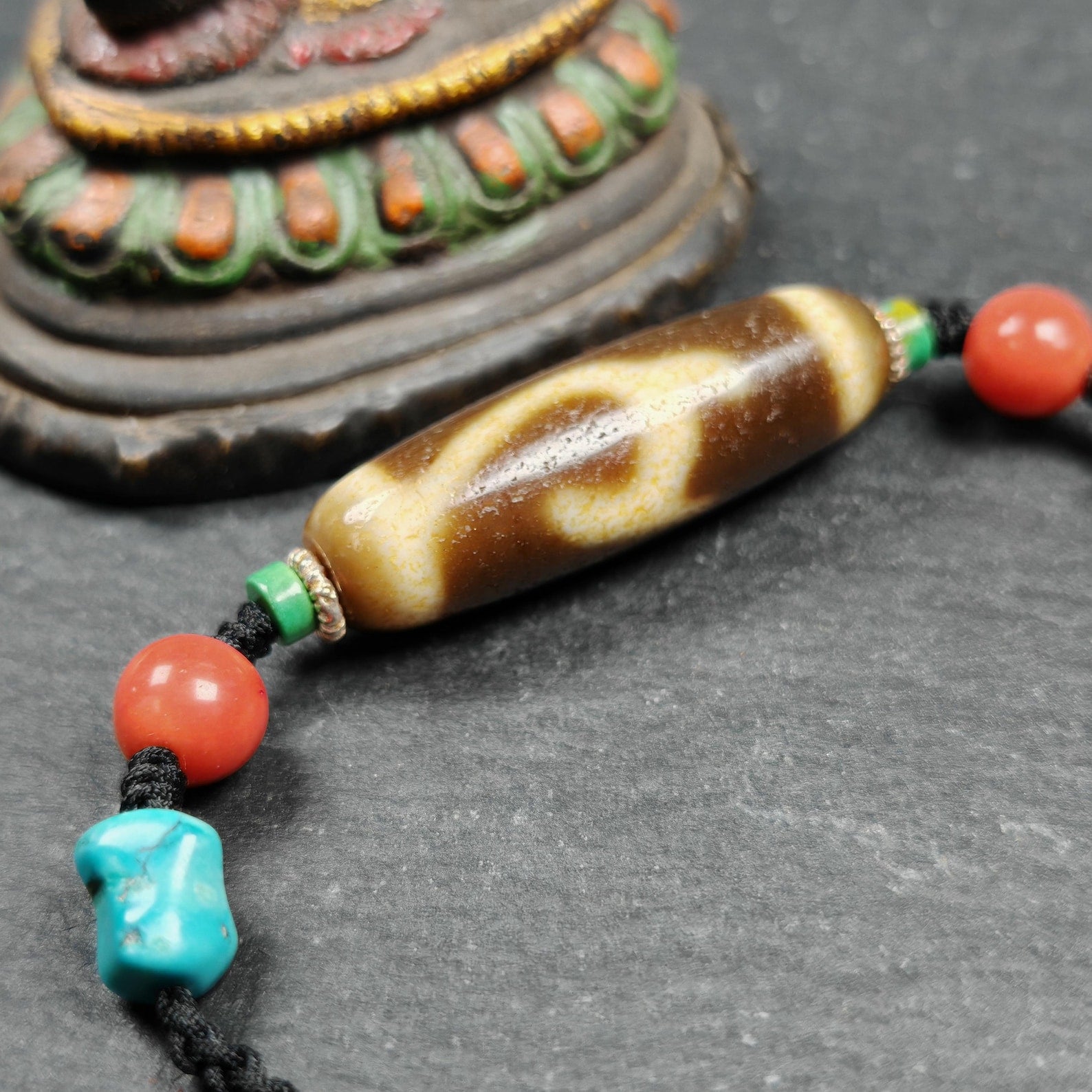 Vintage Green Tara Dzi Bead Necklace | Tibetan Jewelry | Protection Charm for Success and Prosperity | Spiritual Gift | 35*11mm