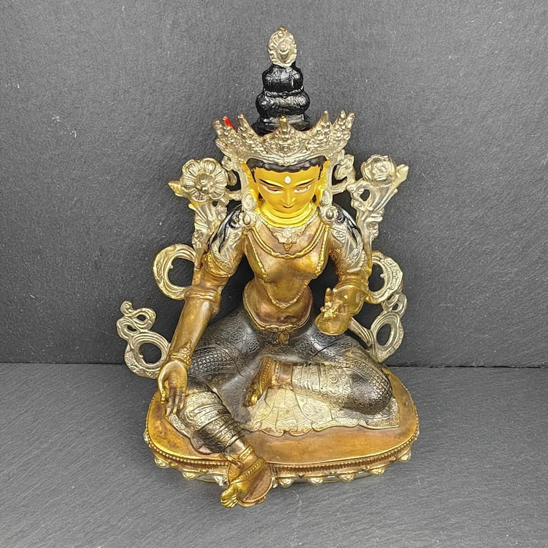 Vintage Green Tara Statue - Handmade Tibetan Buddha Statue - Fully Consecrated and Blessed - 40 Years Old
