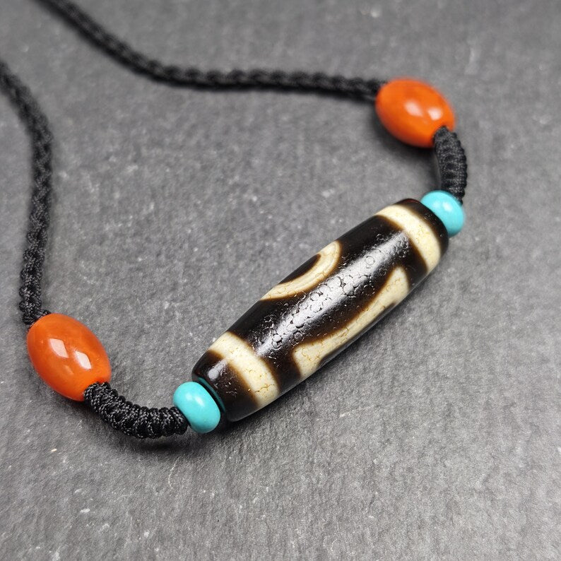 Vintage Sky & Earth Dzi Bead Necklace | Tibetan Jewelry | Protection Charm for Happy and Harmonious | Spiritual Gift | 36*12mm