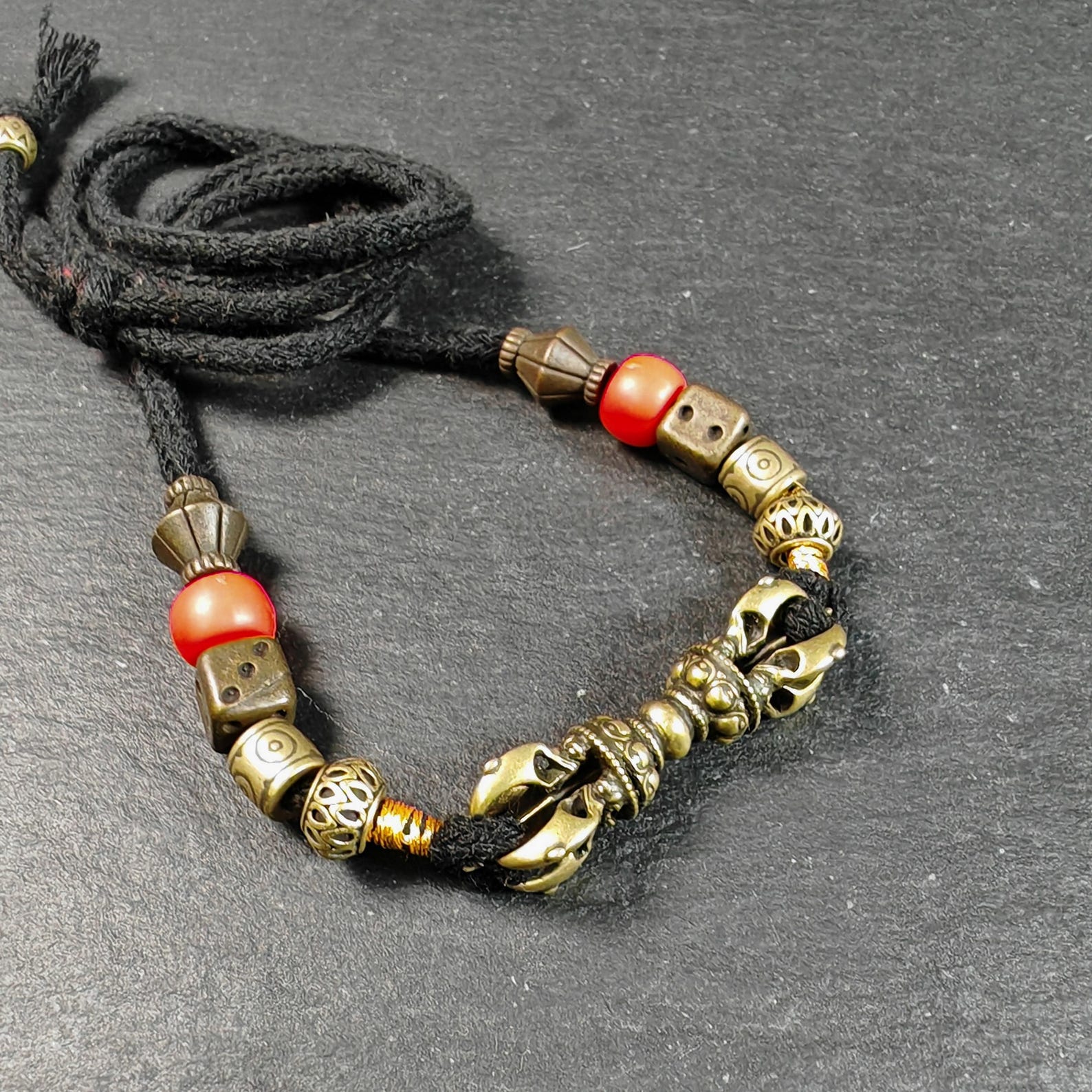Vintage Tibetan Vajra Amulet Necklace, Brass Copper 5-Pronged Dorje Pendant, Buddhist Protection Charm Jewelry, Spiritual Meditation Gift