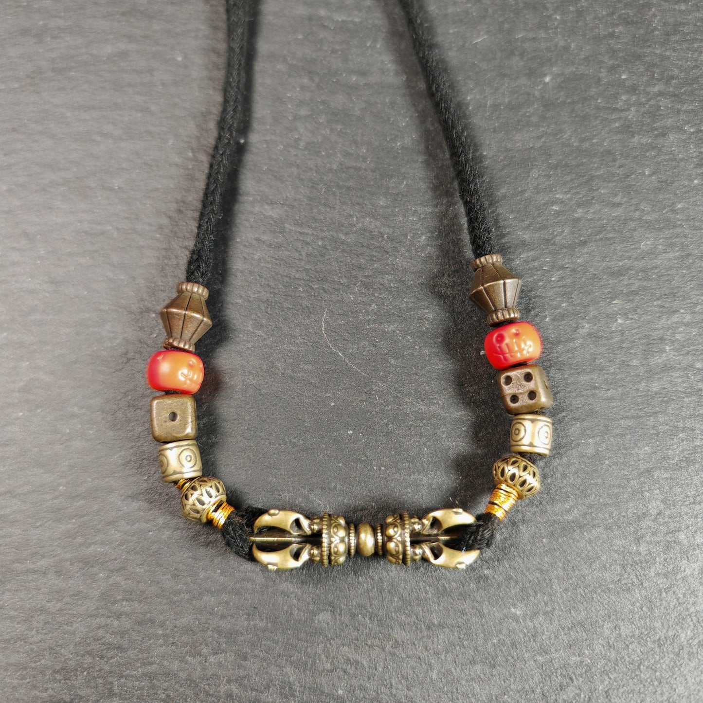 Vintage Tibetan Vajra Amulet Necklace, Brass Copper 5-Pronged Dorje Pendant, Buddhist Protection Charm Jewelry, Spiritual Meditation Gift