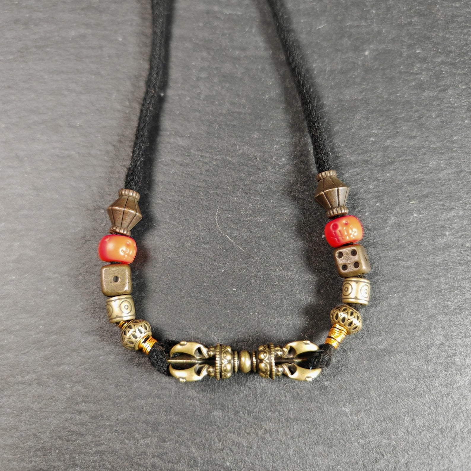 Vintage Tibetan Vajra Amulet Necklace, Brass Copper 5-Pronged Dorje Pendant, Buddhist Protection Charm Jewelry, Spiritual Meditation Gift