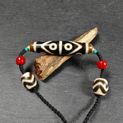 Vintage Wave 8 Eyes Dzi Bead Necklace - Tibetan Buddhist bead necklace, view 6