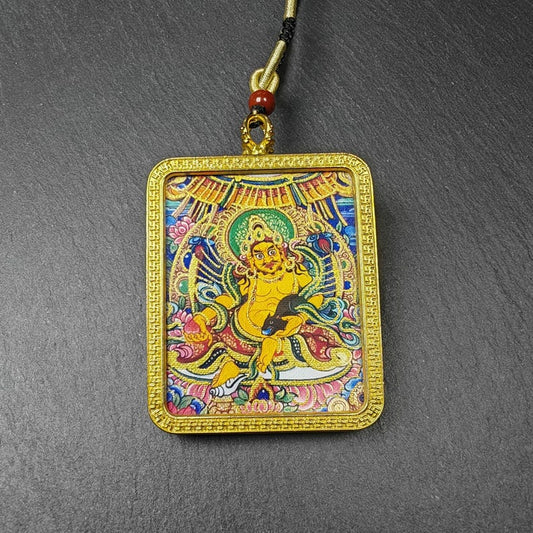 Yellow Jambhala Gau Box Amulet - Mini Ghau Shrine - Portable Tibetan Buddhist Altar Necklace with Offerings - Protective Charm