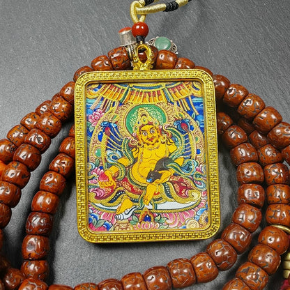 Yellow Jambhala Gau Box Amulet - Mini Ghau Shrine - Portable Tibetan Buddhist Altar Necklace with Offerings - Protective Charm