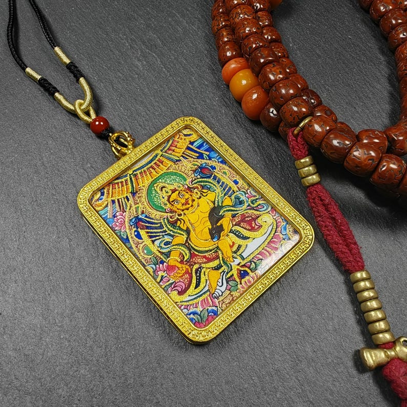 Yellow Jambhala Gau Box Amulet - Mini Ghau Shrine - Portable Tibetan Buddhist Altar Necklace with Offerings - Protective Charm