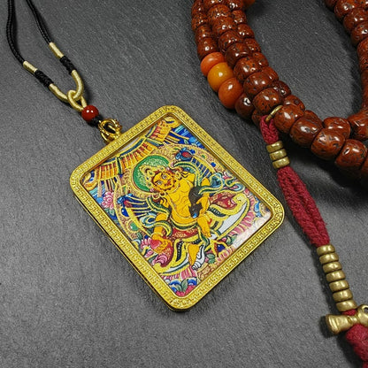 Yellow Jambhala Gau Box Amulet - Mini Ghau Shrine - Portable Tibetan Buddhist Altar Necklace with Offerings - Protective Charm