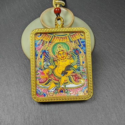 Yellow Jambhala Gau Box Amulet - Mini Ghau Shrine - Portable Tibetan Buddhist Altar Necklace with Offerings - Protective Charm