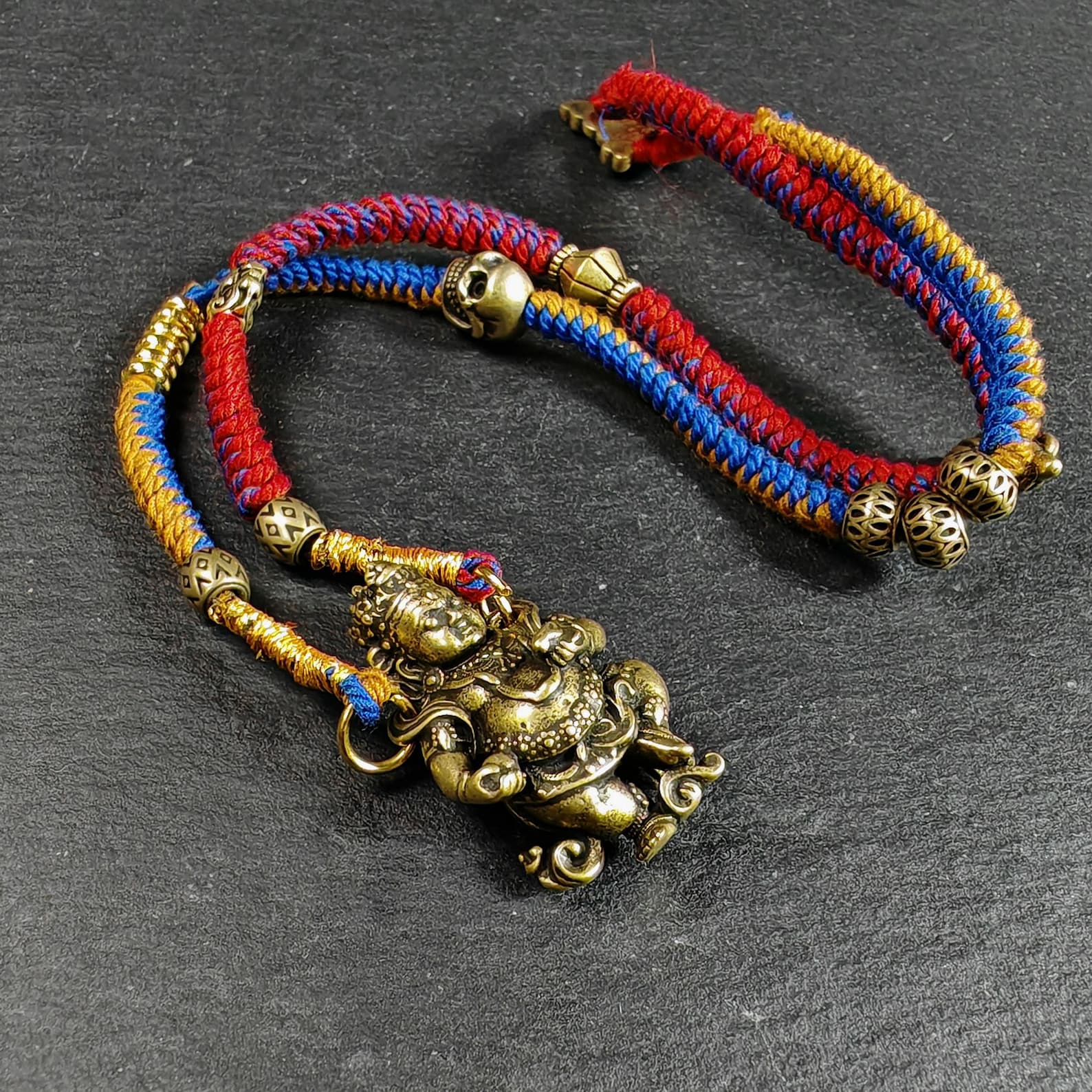 Yellow Jambhala Wealth Deity Amulet, Hand Woven Five-Color Cord Tibetan Pendant, Brass Buddhist Protection Talisman