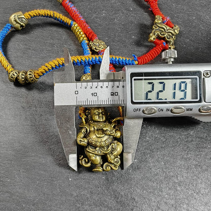 Yellow Jambhala Wealth Deity Amulet, Hand Woven Five-Color Cord Tibetan Pendant, Brass Buddhist Protection Talisman