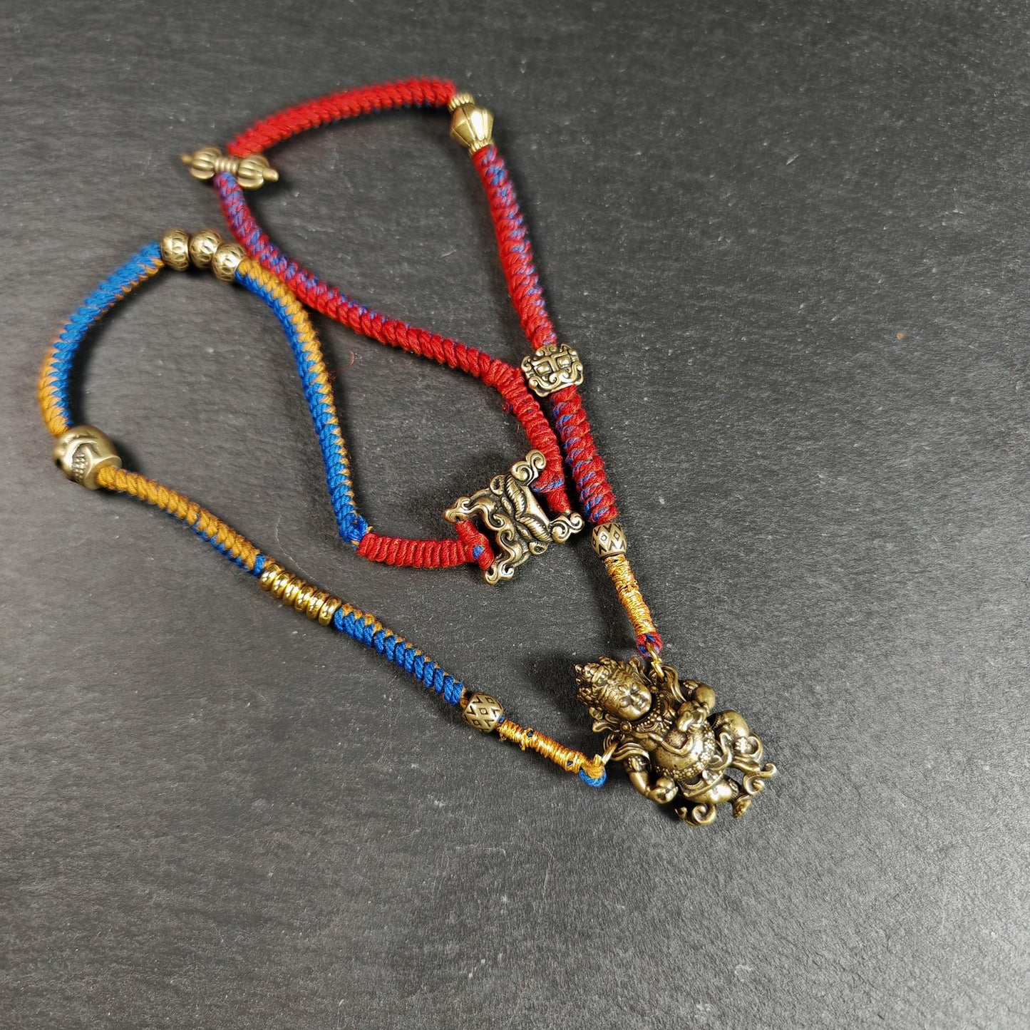 Yellow Jambhala Wealth Deity Amulet, Hand Woven Five-Color Cord Tibetan Pendant, Brass Buddhist Protection Talisman