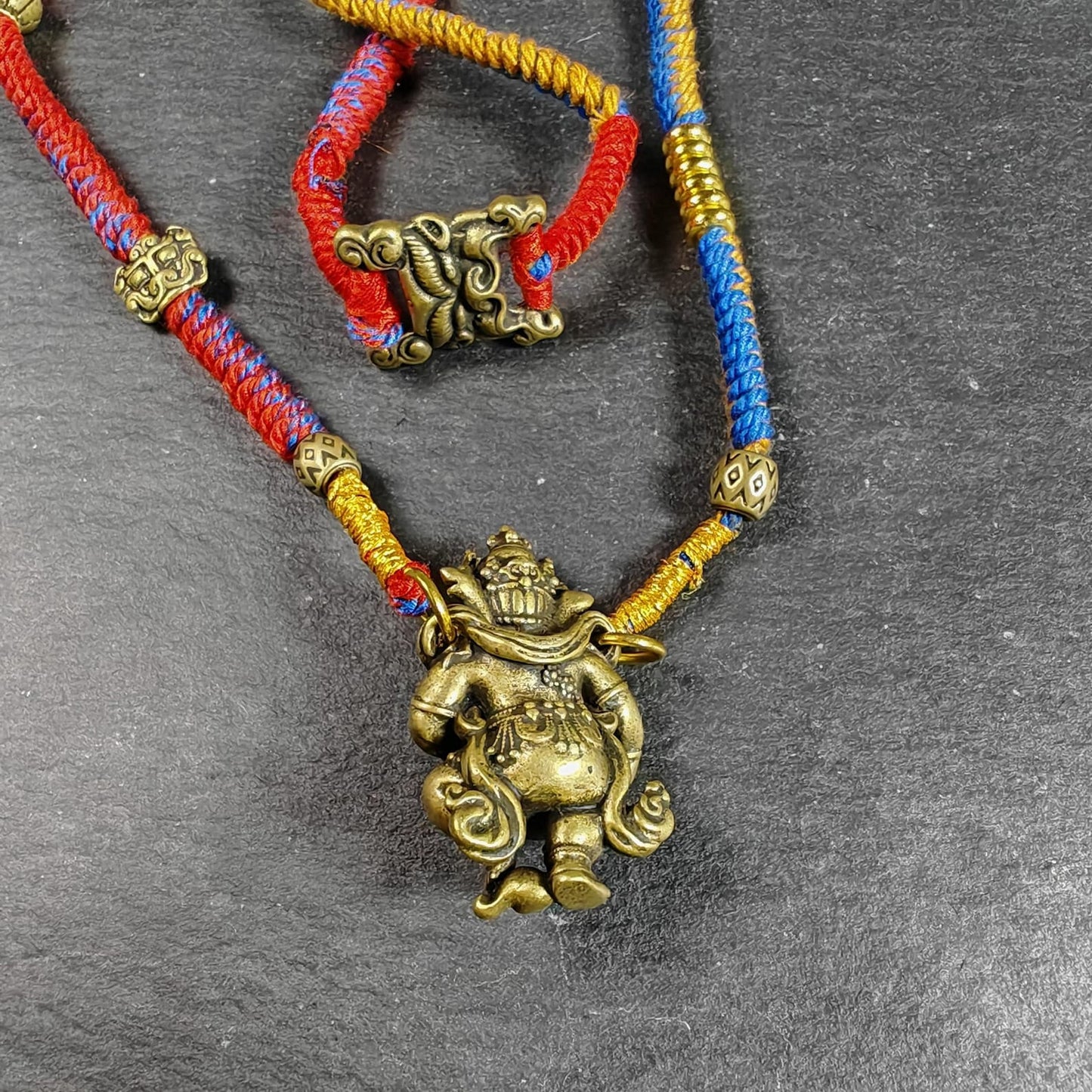 Yellow Jambhala Wealth Deity Amulet, Hand Woven Five-Color Cord Tibetan Pendant, Brass Buddhist Protection Talisman