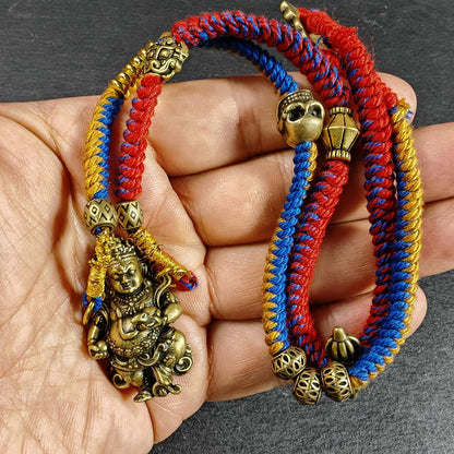 Yellow Jambhala Wealth Deity Amulet, Hand Woven Five-Color Cord Tibetan Pendant, Brass Buddhist Protection Talisman