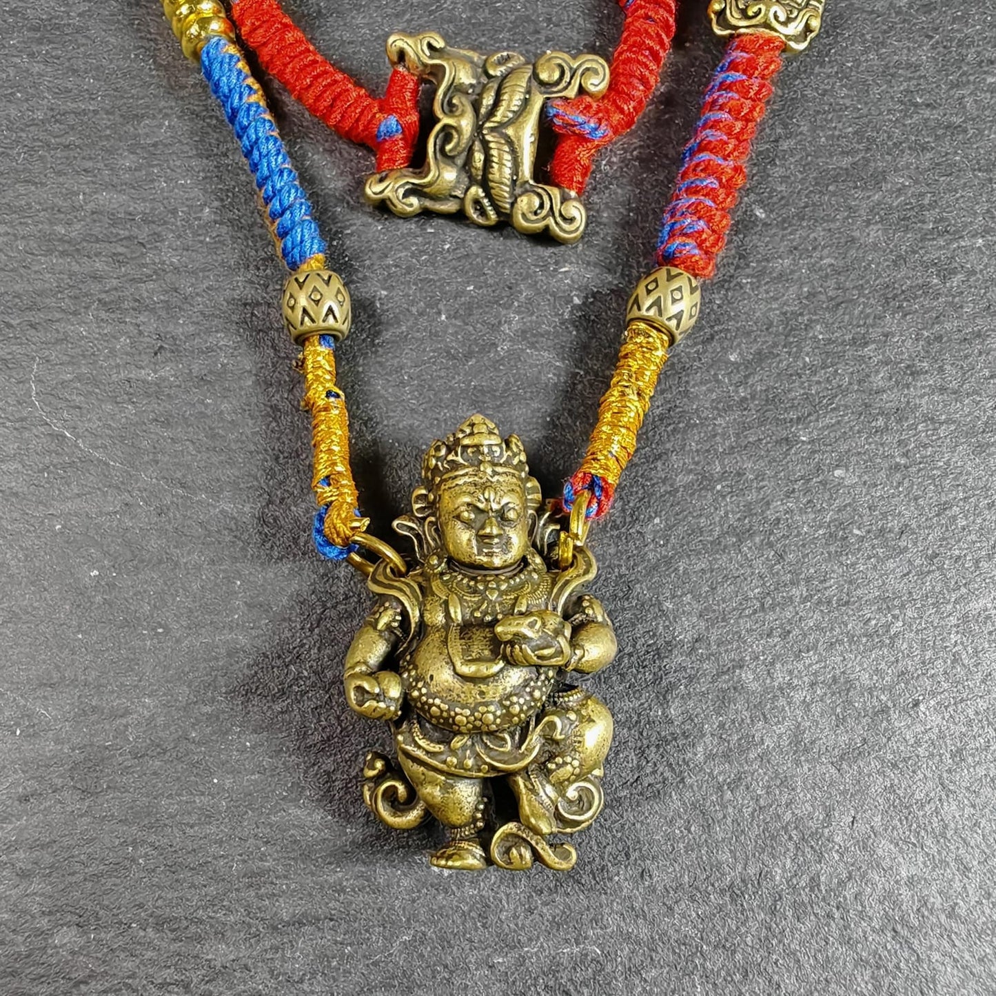 Yellow Jambhala Wealth Deity Amulet, Hand Woven Five-Color Cord Tibetan Pendant, Brass Buddhist Protection Talisman