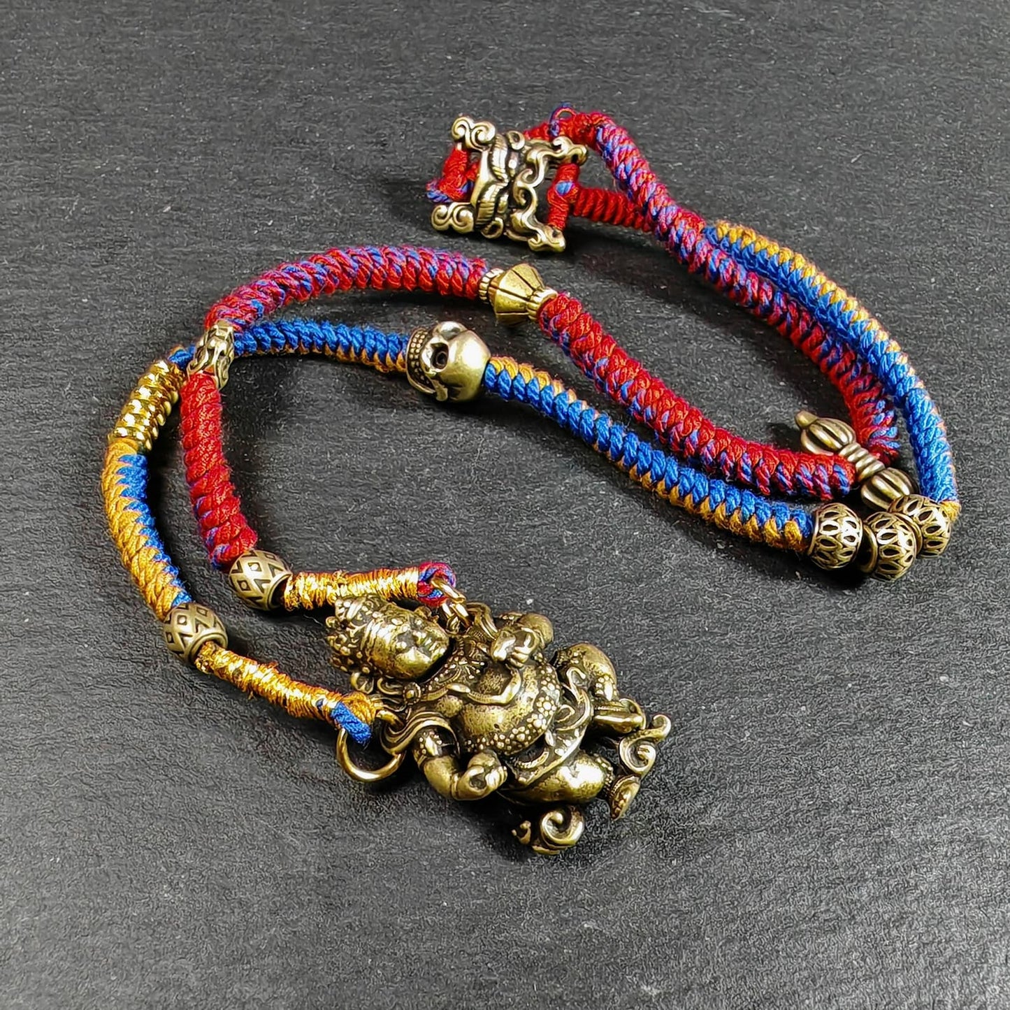 Yellow Jambhala Wealth Deity Amulet, Hand Woven Five-Color Cord Tibetan Pendant, Brass Buddhist Protection Talisman