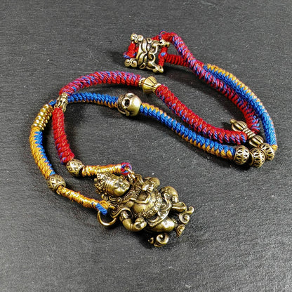 Yellow Jambhala Wealth Deity Amulet, Hand Woven Five-Color Cord Tibetan Pendant, Brass Buddhist Protection Talisman