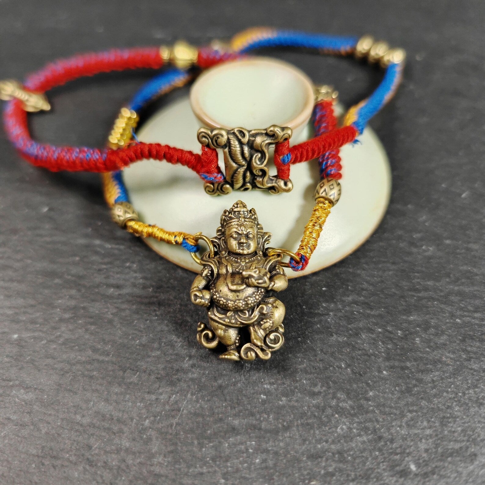 Yellow Jambhala Wealth Deity Amulet, Hand Woven Five-Color Cord Tibetan Pendant, Brass Buddhist Protection Talisman