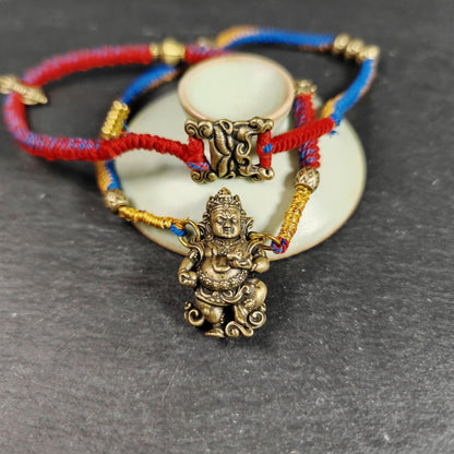 Yellow Jambhala Wealth Deity Amulet, Hand Woven Five-Color Cord Tibetan Pendant, Brass Buddhist Protection Talisman