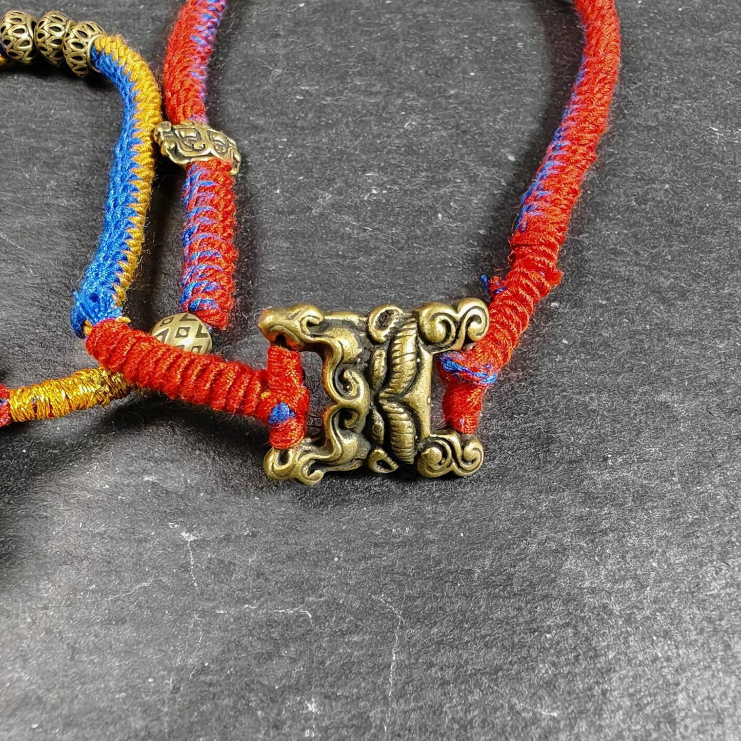 Yellow Jambhala Wealth Deity Amulet, Hand Woven Five-Color Cord Tibetan Pendant, Brass Buddhist Protection Talisman