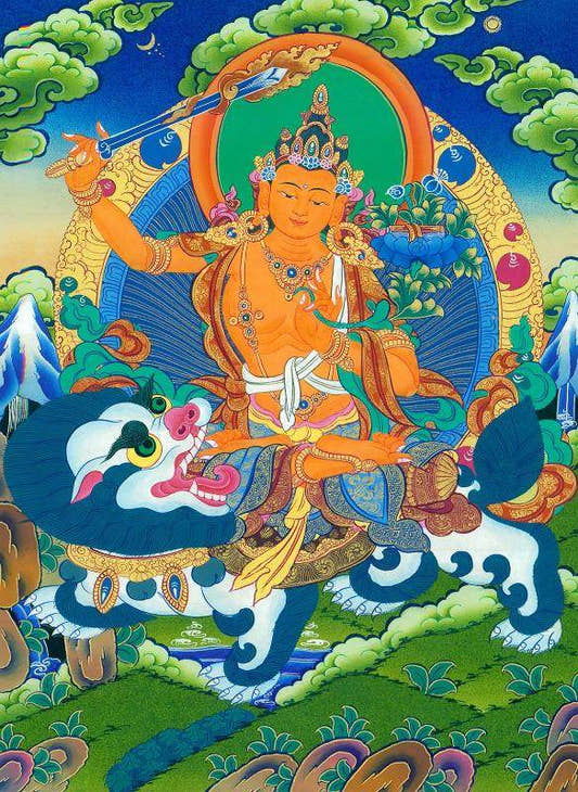 Manjushri on a Lion - Tibetan thangka painting, front view