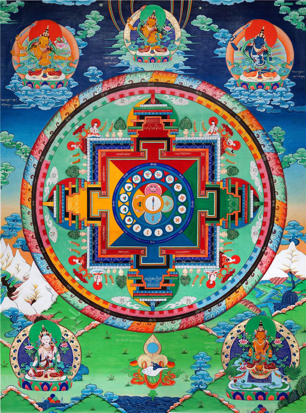 The Mandala of Manjushri Bodhisattva - Tibetan thangka painting, front view